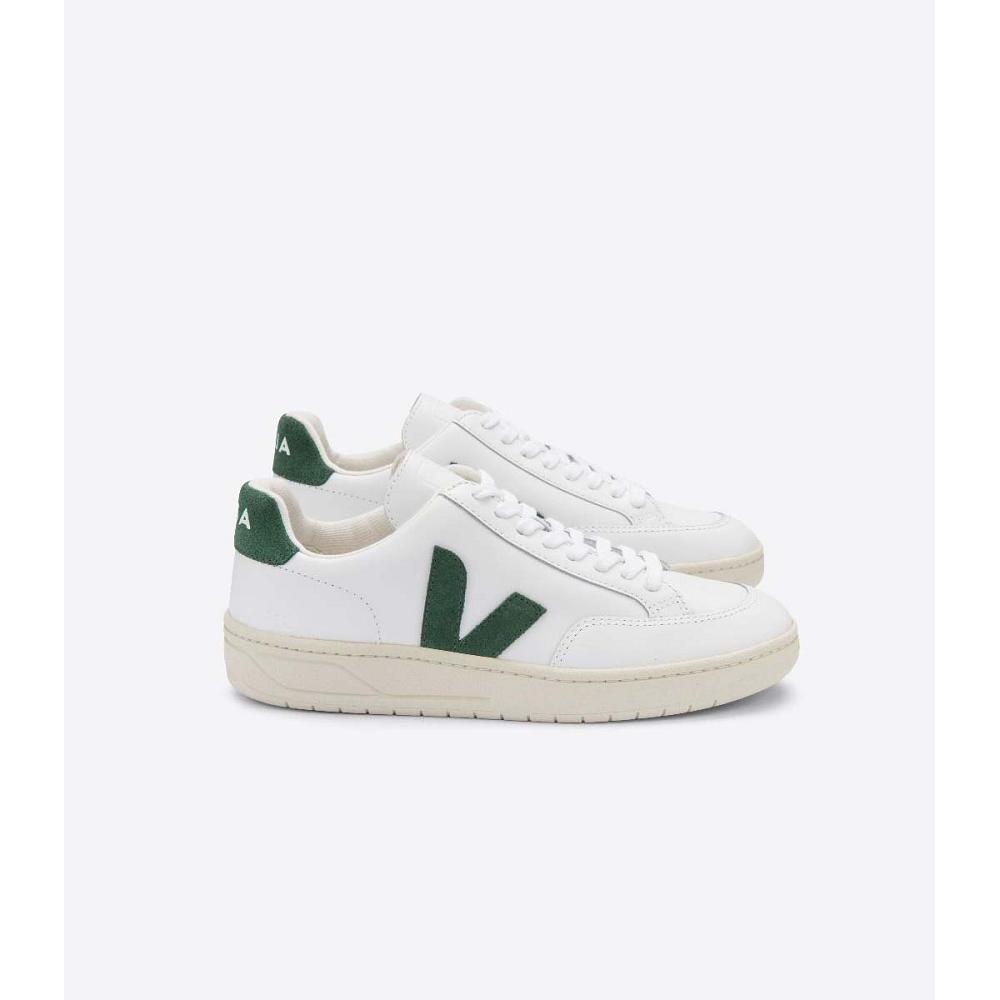 Women\'s Veja V-12 LEATHER Sneakers White/Green | ZA 671KOR